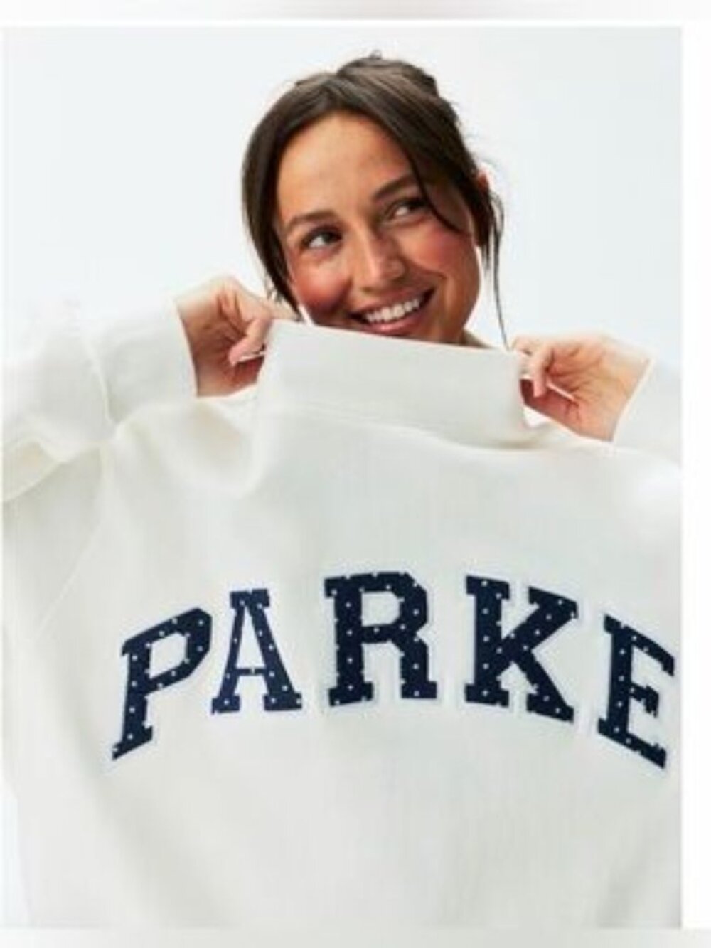 Parke Cream Navy Polka‑Dot Logo Mock Neck Sweatshirt
